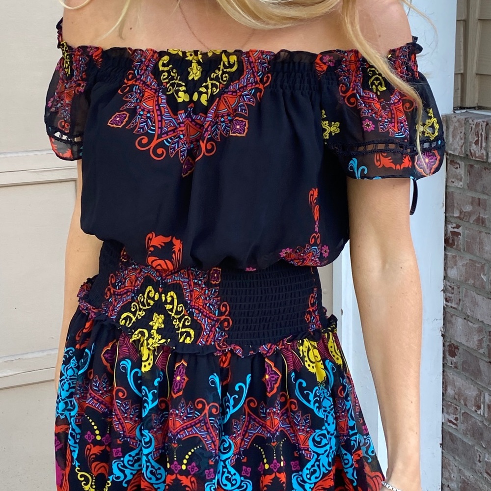 BEBE Bohemian Off the Shoulder Mini Dress Black Floral Size Small